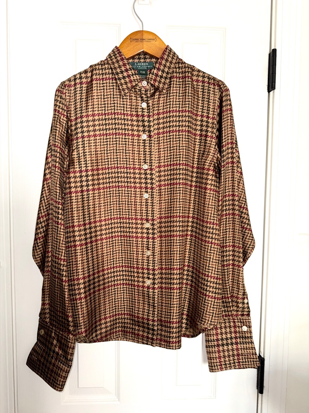 🌸100%Silk Ralph Lauren Brown & Blk Houndstooth Button-Down Shirt with Red Accent
